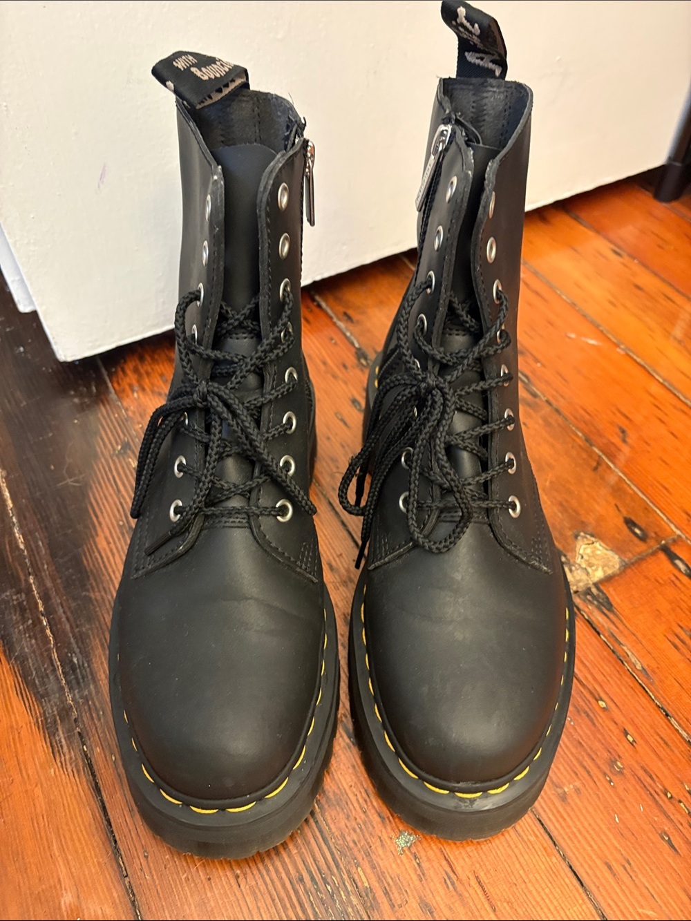 Dr Martens Black Lace-Up Combat Boots with Yellow Welt Stitching